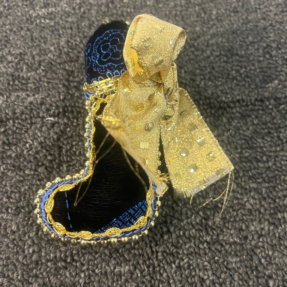 Victorian Navy Blue Velvet Christmas Stocking Ornament Gold Bow Jingle Bell Trim